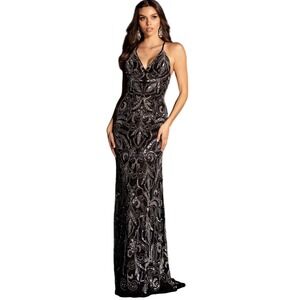 ALETA Navy Blue Gold Full Sequin Beaded Formal Gown Low Open Back Prom Dress 0